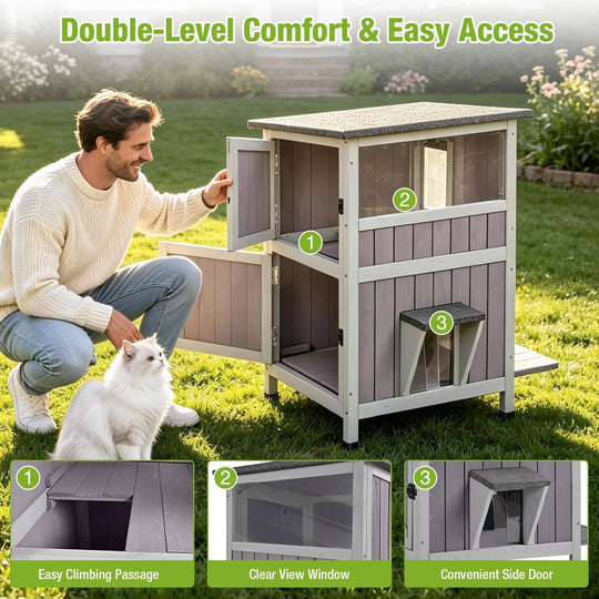 MEDEHOO Outdoor Feral Cat House Weatherproof 2-Story Cat Condon Enclosure for Outside Cats Shelter with Large Window, Escape Door, Jumping Platform