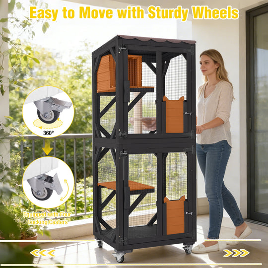 62.8" Catio Outdoor Cat Enclosure, Mobile Catio Enclosure Indoor On Wheels with Scratch Post, Hammock, Resting Box, Platform, Tarp Roof, Black