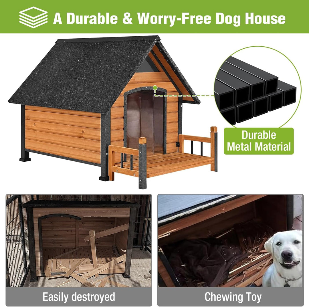 MEDEHOO Outdoor Heated Dog House Anti-Bite Weatherproof Dog Kennel Puppy Shelter Indoor with Heating Pad, All-Around Insulated Liner and Porch for Large Breed, 45" D x 32.9" W x 32.6" H (Brown) AIR80-IN-HP-MA-WM