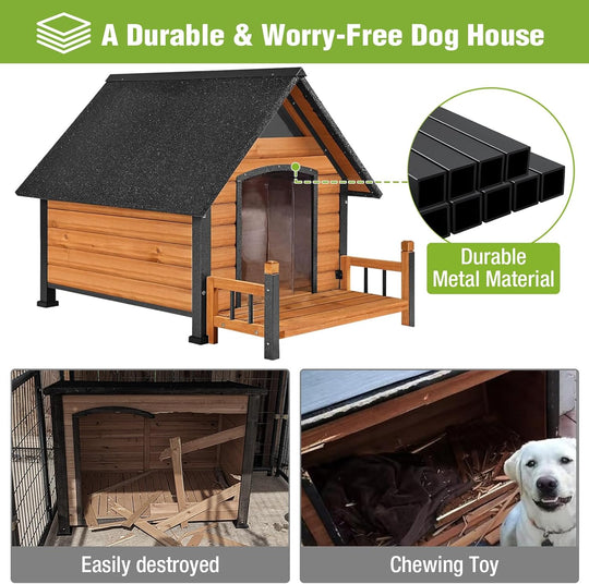MEDEHOO Outdoor Heated Dog House Anti-Bite Weatherproof Dog Kennel Puppy Shelter Indoor with Heating Pad, All-Around Insulated Liner and Porch for Large Breed, 45" D x 32.9" W x 32.6" H (Brown) AIR80-IN-HP-MA-WM