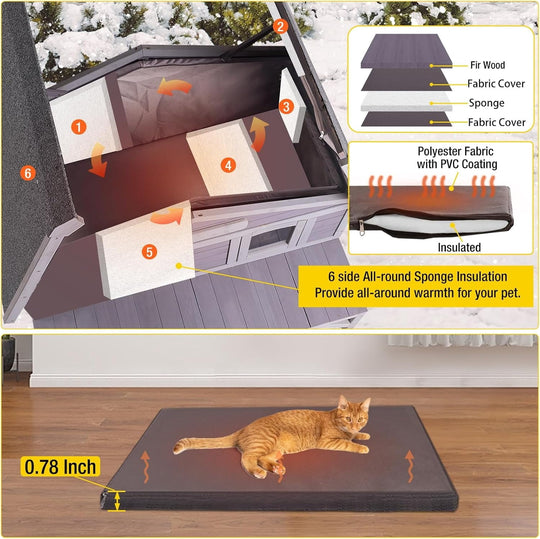 MEDEHOO Large Heated Outdoor Cat House, Insulated Feral Cat Shelter with Heating Pad, Weatherproof Design &amp; Removable Thermal Liner