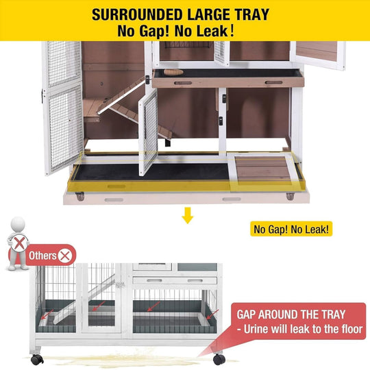 MEDEHOO Wood Rabbit Hutch Bunny Cage with Wheel, Two Layer Guinea Pig House for Outdoors &amp; Indoors, Brown AIR06-D-WM