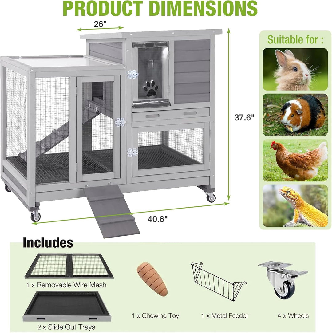 MEDEHOO 2-Story Rabbit Hutch Indoor with Chew-Proof Ramp &amp; Slide-Out Plastic Trays - Wooden Small Animal Cage Guinea Pig Cages with Wheels for 2-4 Rabbits, Bunnies, and Guinea Pigs (Grey) AIR10-G-MA-WM