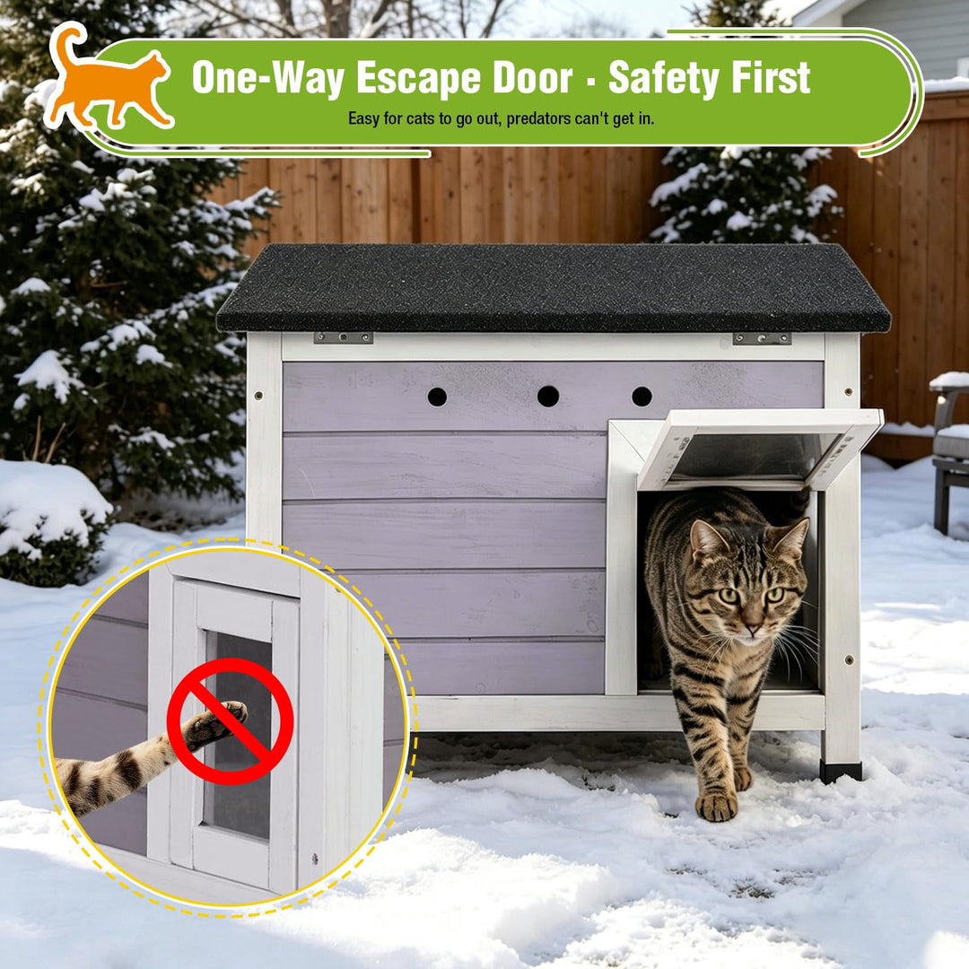 MEDEHOO Insulated Outdoor Cat House, Wooden Weatherproof Feral Cat Shelter with Liner Keep Warm for Winter, Easy Clean Openable Roof AIR12-IN-L