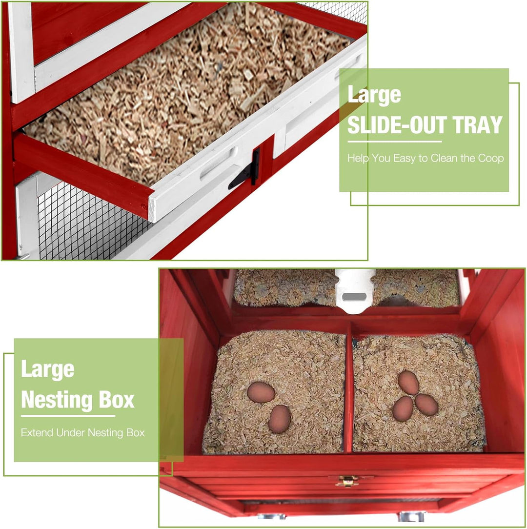 MEDEHOO Chicken Coop Mobile Chicken House with Wheels Expandable Wooden Hen House 80.7" Outdoor Rabbit Hutch Movable with Large Nesting Box for 2-4 Chickens (Red) AIR72-R-N-WM