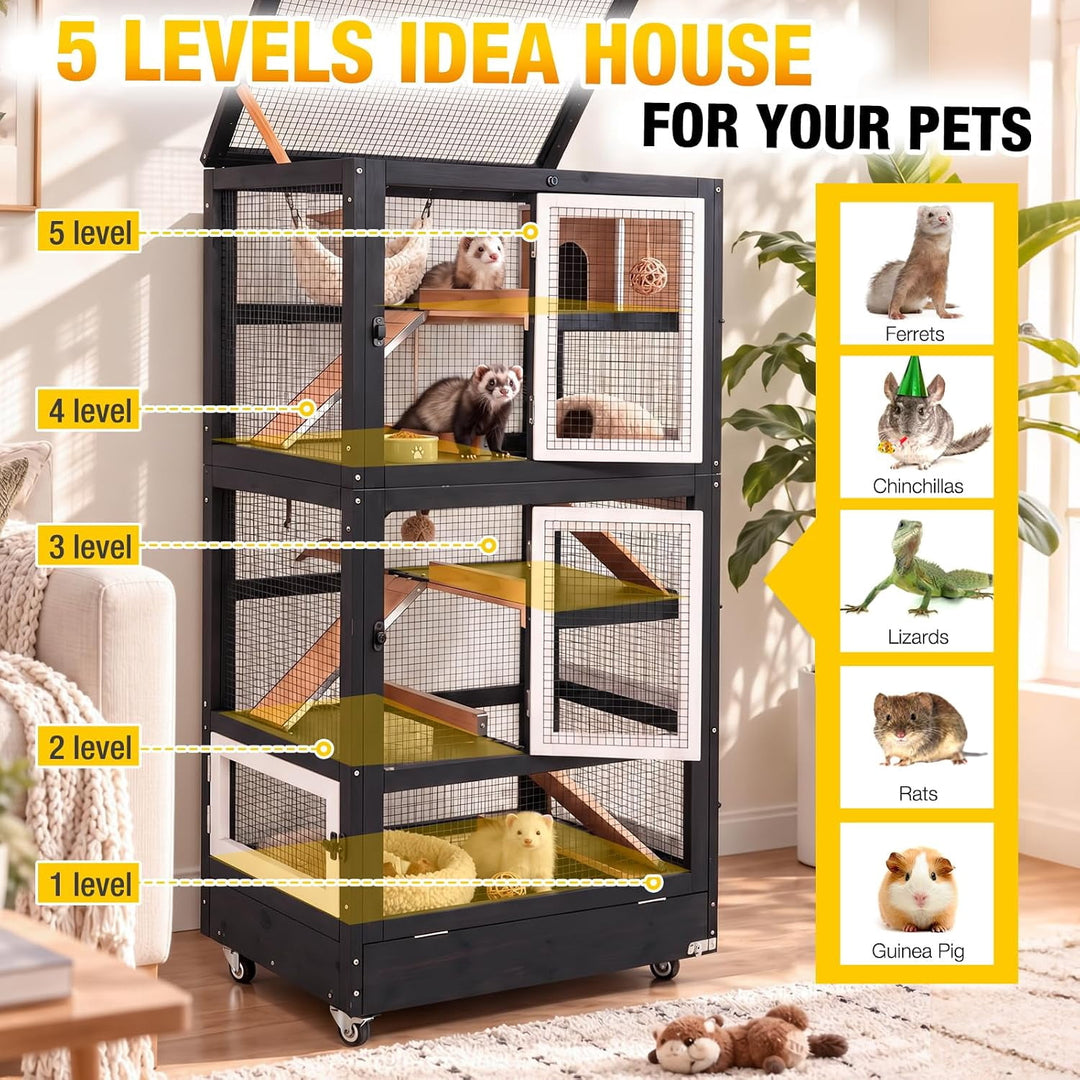 MEDEHOO 5-Tier Wooden Ferret Cage for Guinea Pigs Indoor Cage with Wheels 55.2" Large Chinchilla Cage, Chew-Resistant Edges, Leakproof Pull-Out Tray, 6 Access Doors, Easy-Clean (Black) AIR38-B-JO-WM