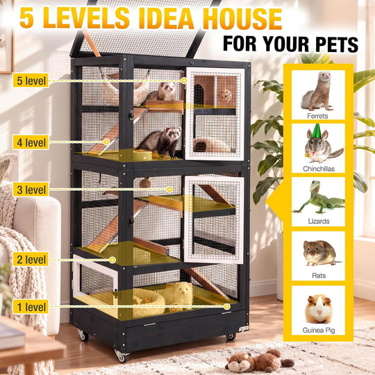 MEDEHOO 5-Tier Wooden Ferret Cage for Guinea Pigs Indoor Cage with Wheels 55.2" Large Chinchilla Cage, Chew-Resistant Edges, Leakproof Pull-Out Tray, 6 Access Doors, Easy-Clean (Black) AIR38-B-JO-WM