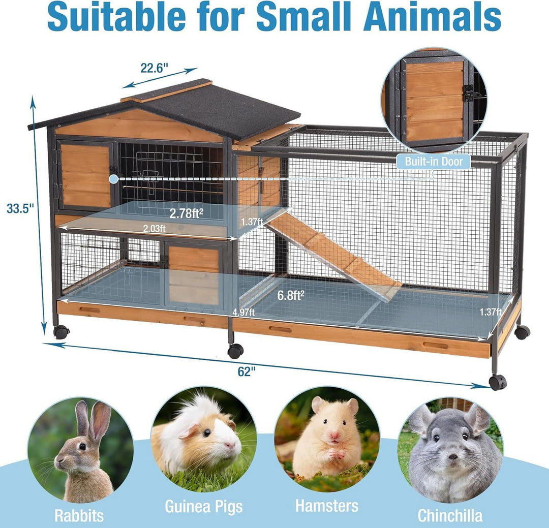 MEDEHOO Rabbit Hutch Indoor, 62’’ Bunny Hutch Outdoor with All-Around Metal Frame, Mobile Rabbit House with Wheels, Wooden Bunny Cage with Leakproof Tray, Chew-Proof Ramp for Guinea Pig(Orange) AIR19-X-D11-WM
