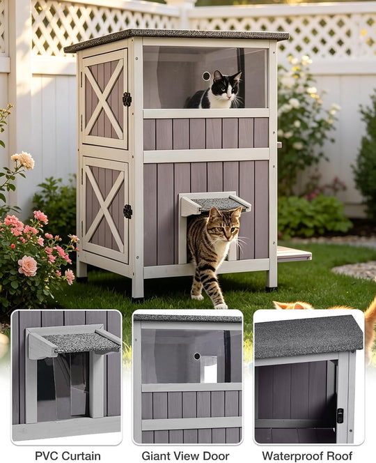 MEDEHOO 2-Story Outdoor Cat House, Weatherproof Feral Cat Shelter, Wooden Cat Cage for Outdoor and Indoor Cats Gray