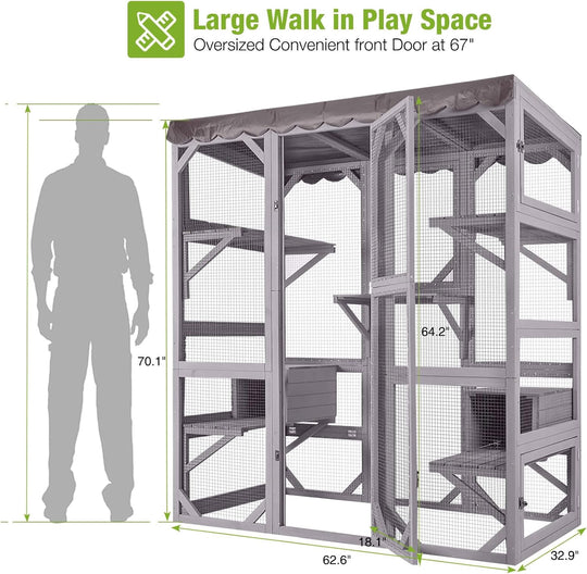 MEDEHOO Catio Outdoor Cat Enclosure Large Walk in Window Cat House for Mulitiple Cats with 7 Platforms and 2 Resting Box,Tarp Roof,71 inch