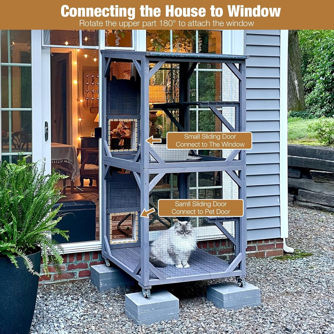 MEDEHOO 71 " Outdoor Catio Cat Enclosure , Kitty House Indoor with Perches and Condos Large Cat Shelter -Waterproof Catio Shelter with Wheels SKY22