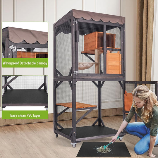 MEDEHOO Catio Outdoor Cat Enclosure Mobile Cat House Indoor On Wheels with Scratch Post,Hammock,Resting Box,Platform,Tarp Roof 71.9" AIR7014-N-WM