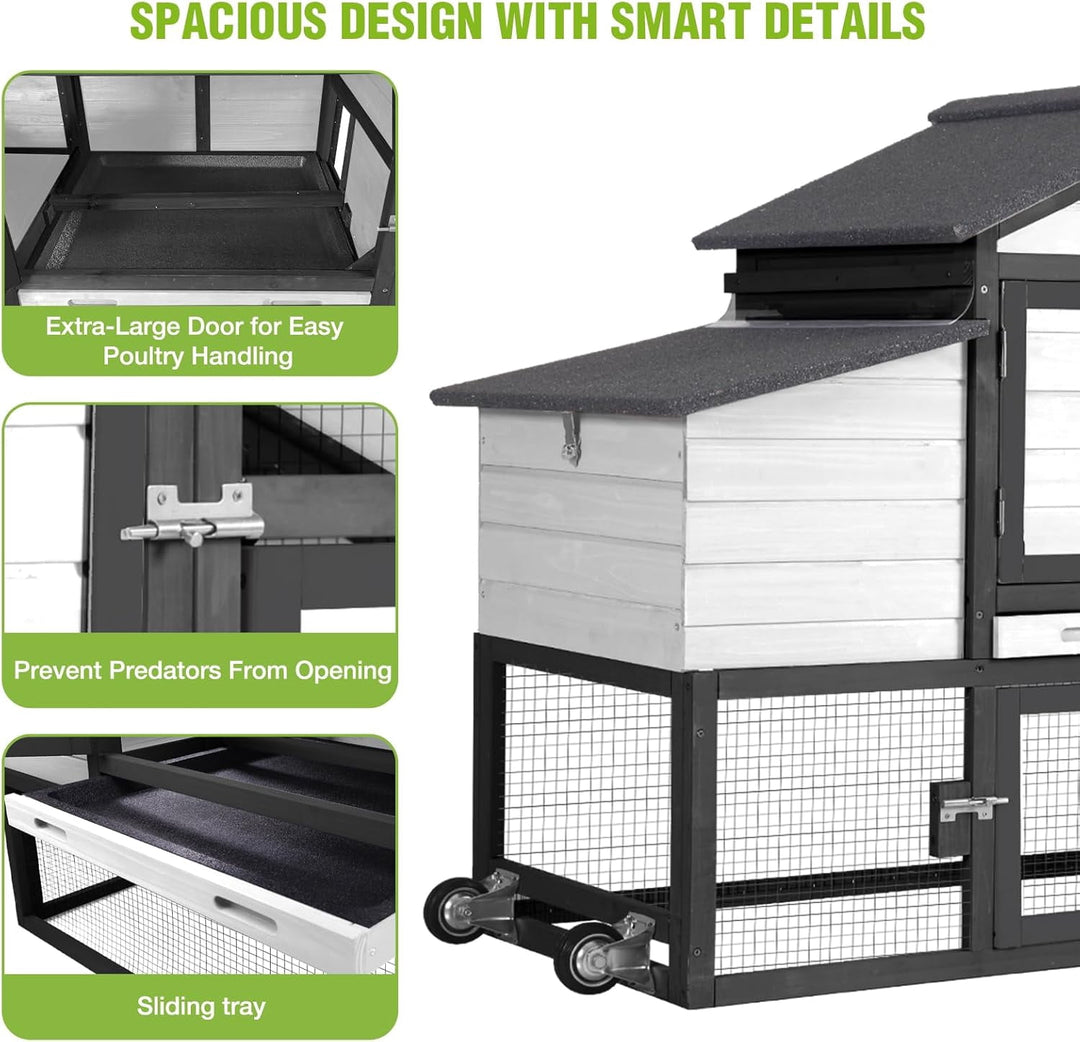 MEDEHOO Chicken Coop Mobile Chicken House On Wheel Outdoor Rabbit Hutch for 2-4 Chickens 67"(White &amp; Black) AIR023-B