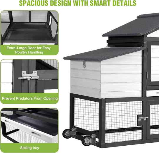 MEDEHOO Chicken Coop Mobile Chicken House On Wheel Outdoor Rabbit Hutch for 2-4 Chickens 67"(White &amp; Black) AIR023-B