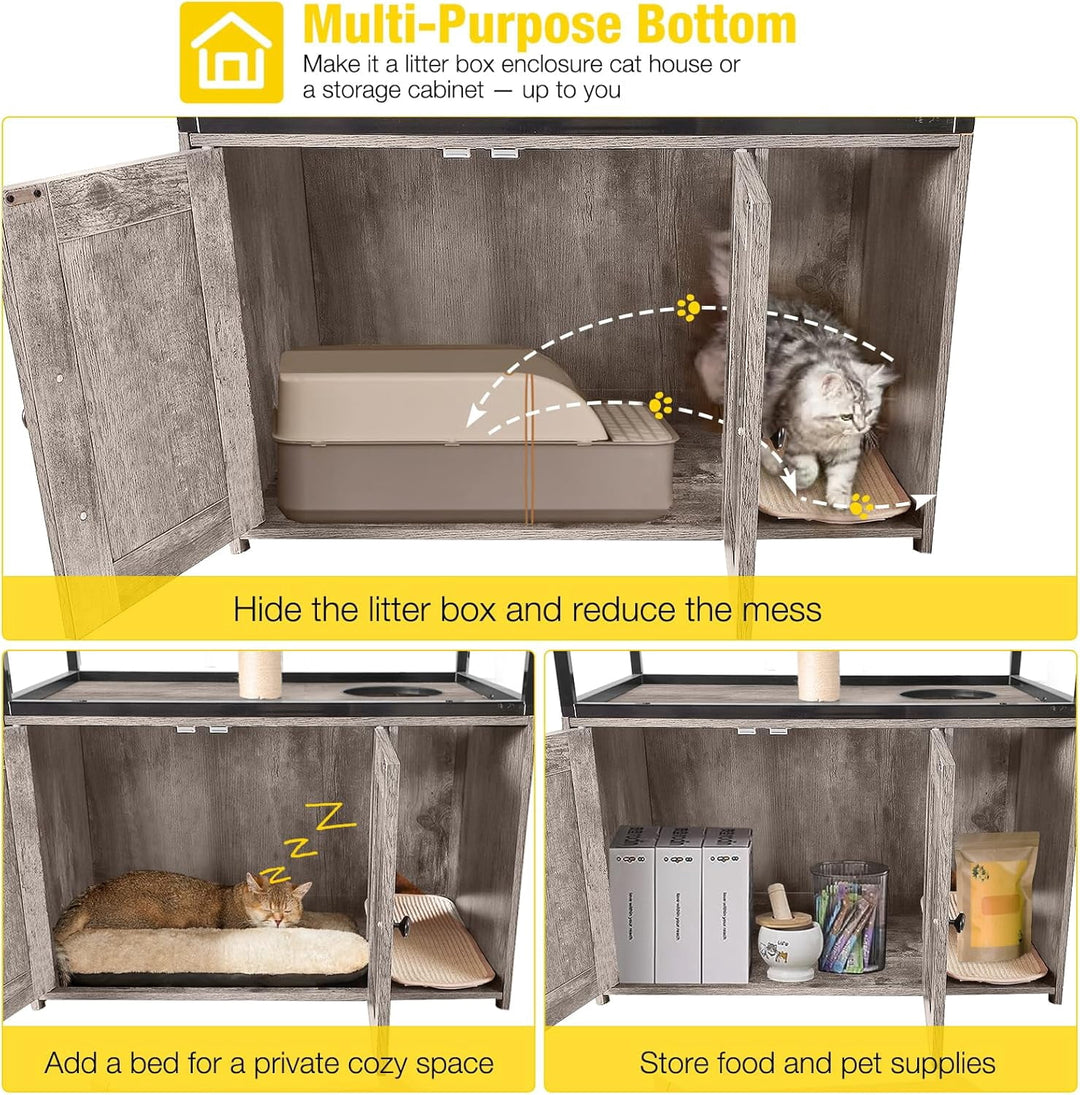 MEDEHOO Cat Litter Box Enclosure, Litter Box Furniture Hidden, Wooden Cat Washroom Furniture, Indoor Cat House with Condo, Hammock, Scratching Mat and Storage Shelves-Greige