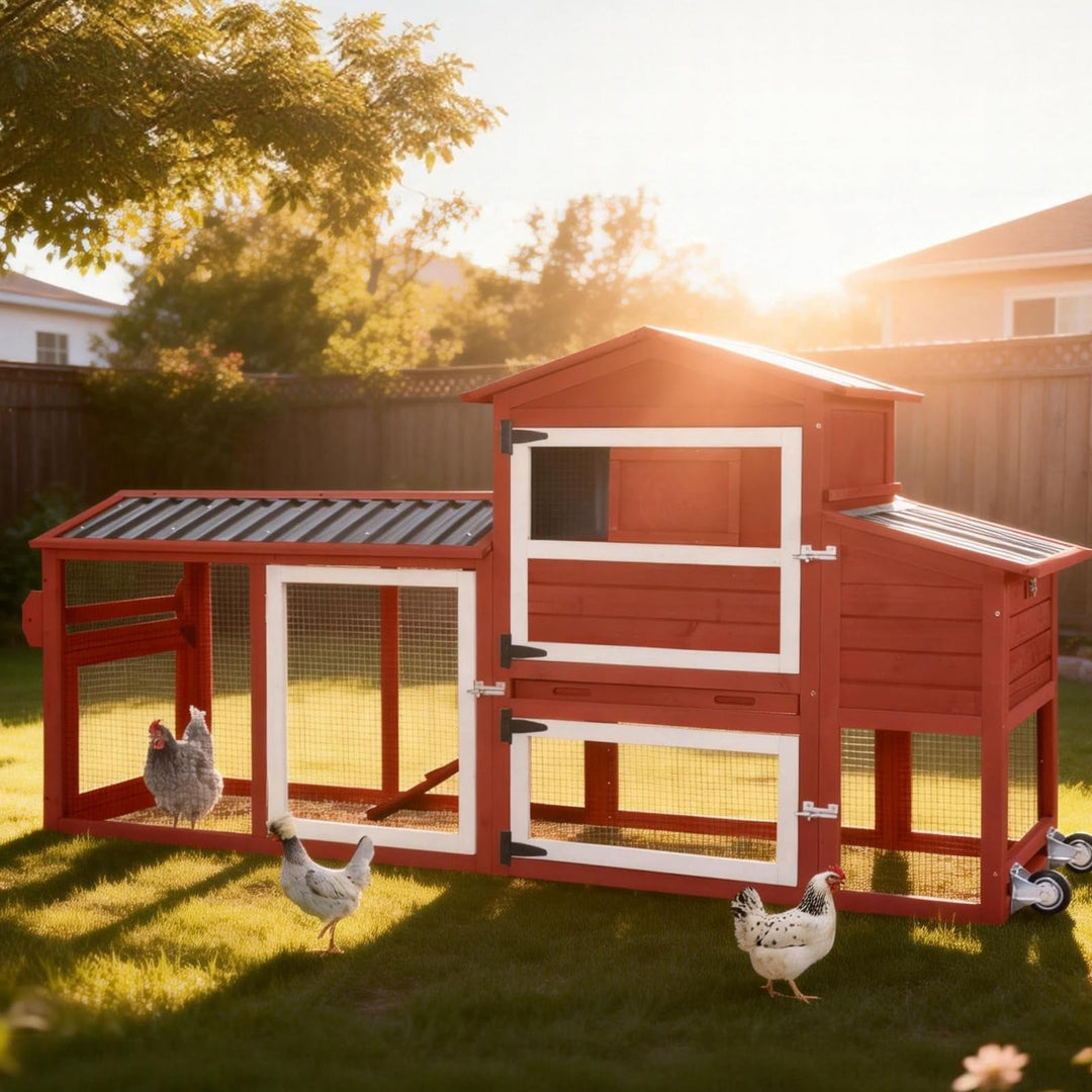 MEDEHOO Chicken Coop with Run and Wheels, Mobile Outdoor Hen House Wooden Poultry Cage with Waterproof Roof