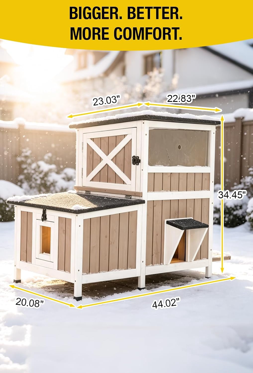 MEDEHOO Heated Insulated Cat House Outdoor with Liner in Winter, Outside Weatherproof Feral Cat Shelter with Escape Doors and Window Brown AIR7033-B-HP-ML-WM