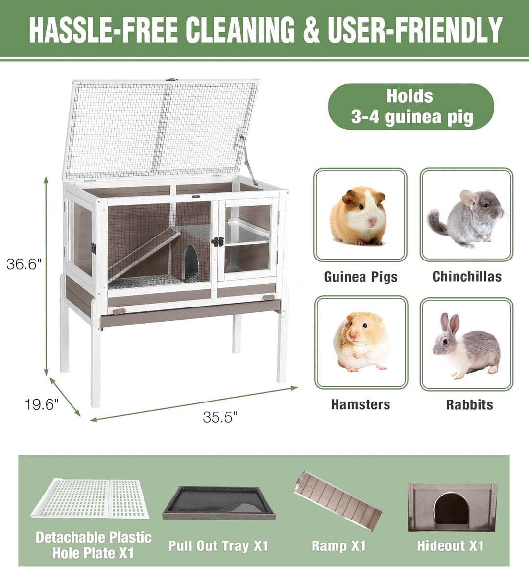 MEDEHOO Guinea Pig Cage Indoor Rabbit Hutch with Chew-Proof Edges - Brown