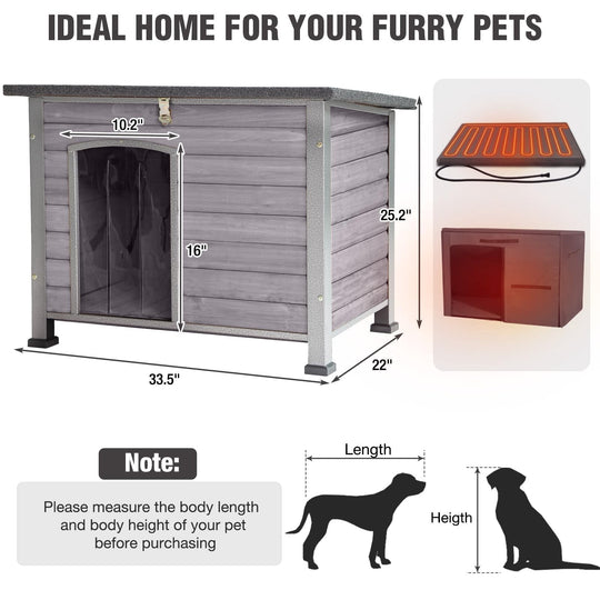 MEDEHOO 34.6’’ Heated Outdoor Dog House Weatherproof Outdoor Wooden Dog Kennel with Openable Roof Chew-Proof Metal Frame for Outside Dogs DH73-IN-HP-ML-WM