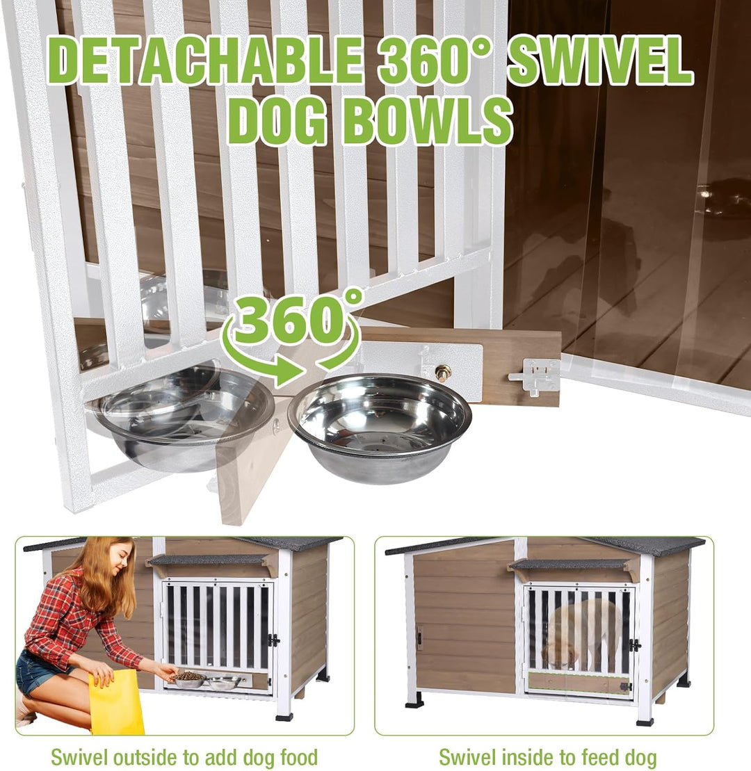 MEDEHOO Dog House for Outdoor Use with Matel Frame, Waterproof Design -All-Weather Wooden Kennel with Sliding Window &amp; Metal Frame Brown AIR7021-B-G11-WM