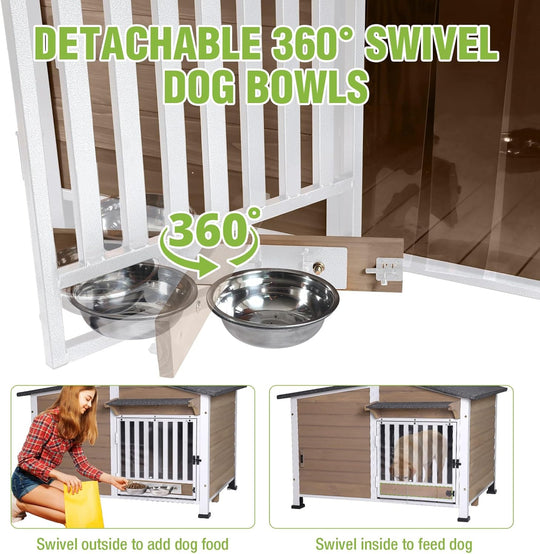 MEDEHOO Dog House for Outdoor Use with Matel Frame, Waterproof Design -All-Weather Wooden Kennel with Sliding Window &amp; Metal Frame Brown AIR7021-B-G11-WM