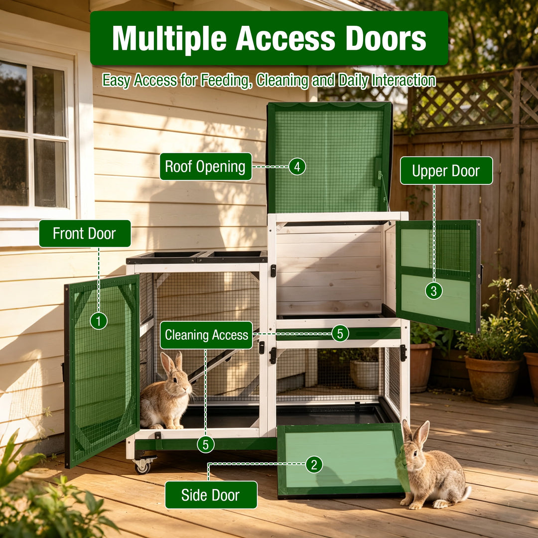 MEDEHOO 39.3" 2-Story Rabbit Hutch with Lockable Wheels, Indoor Outdoor Wooden Bunny Cage with 2 Pull-Out Trays and Chew-Resistant Edges, Black and White AIR7013-BW-WFS-GE