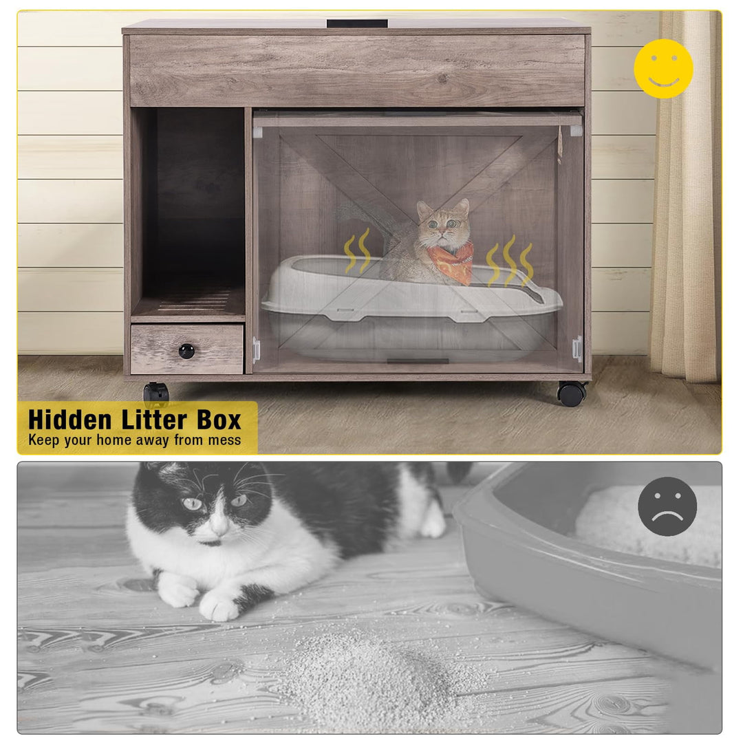 MEDEHOO Cat Litter Box Enclosure Cabinet,Flip Top Hidden Litter Box Furniture,Indoor Wooden Covered Cat House with Drawer,Wheels