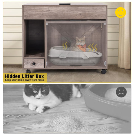 MEDEHOO Cat Litter Box Enclosure Cabinet,Flip Top Hidden Litter Box Furniture,Indoor Wooden Covered Cat House with Drawer,Wheels