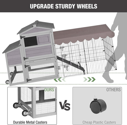 MEDEHOO 79‘’ Chicken Coop with Wheels, Wooden Hen House with Large Nesting Box, Outdoor Poultry Cage with Leakproof Pull-on Tray, Backyard Chicken Coop with Run, Weatherproof Rabbit Hutch CK7008-4DML-WM