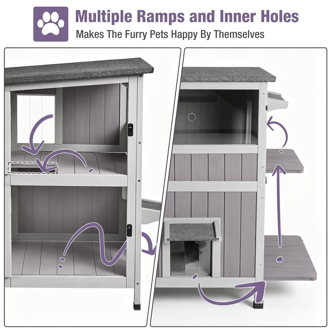 MEDEHOO Outdoor Cat House for Winter, 2-Story Wooden Feral Cat Shelter with Waterproof Roof Escape Door and Elevated Base to Keep Multiple Cats Warm