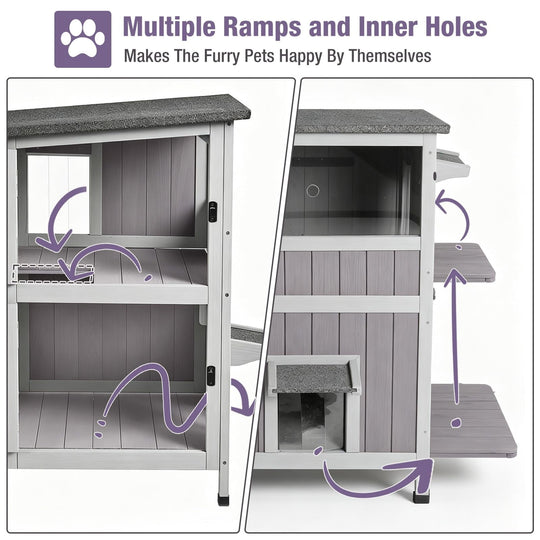 MEDEHOO Outdoor Cat House for Winter, 2-Story Wooden Feral Cat Shelter with Waterproof Roof Escape Door and Elevated Base to Keep Multiple Cats Warm