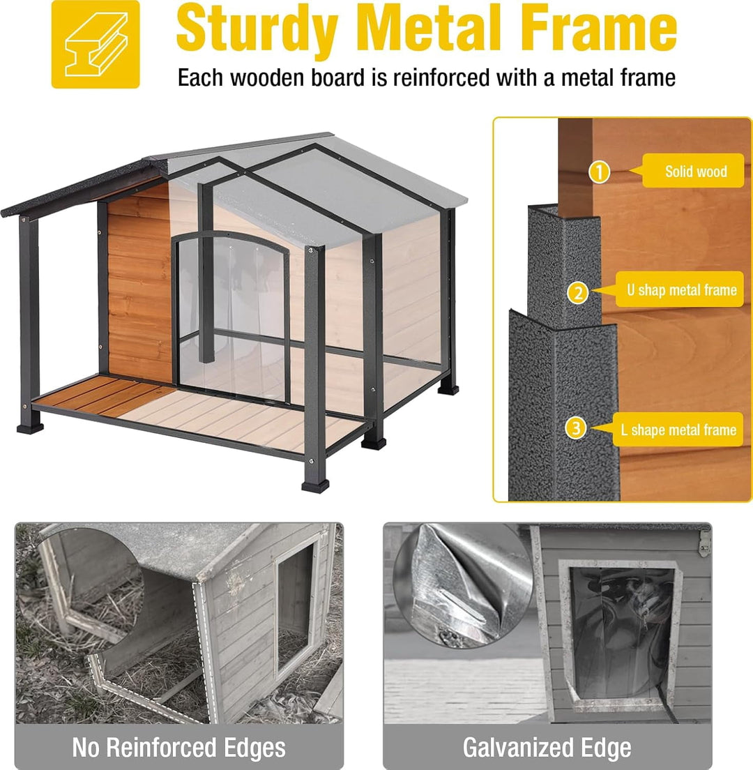 MEDEHOO Heated Outdoor Dog House - Weatherproof Insulated Wooden Shelter with Iron Frame, Large Porch for Medium &amp; Large Dogs, Indoor/Outdoor Kennel