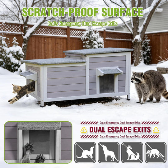 MEDEHOO 39.1" Cat House Outdoor Feral Cat Shelter Weatherproof Cat Condo for Winter 2 Rooms