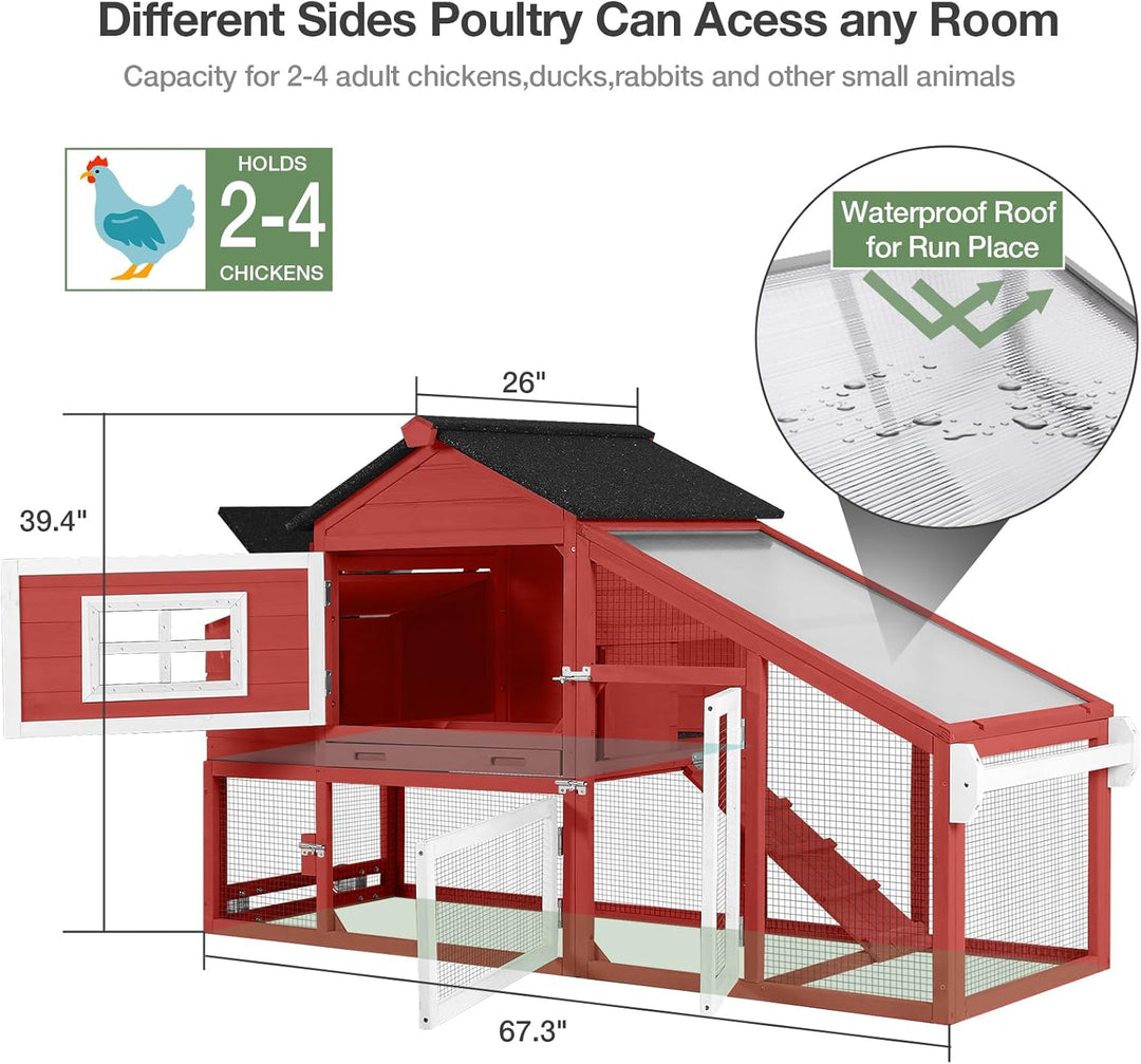 MEDEHOO Chicken Coop with Wheels, Outdoor Mobile Hen House with Leak-Proof Tray, UV-Resistant Roof &amp; Nesting Box for Chickens, Ducks, Rabbits (Red)