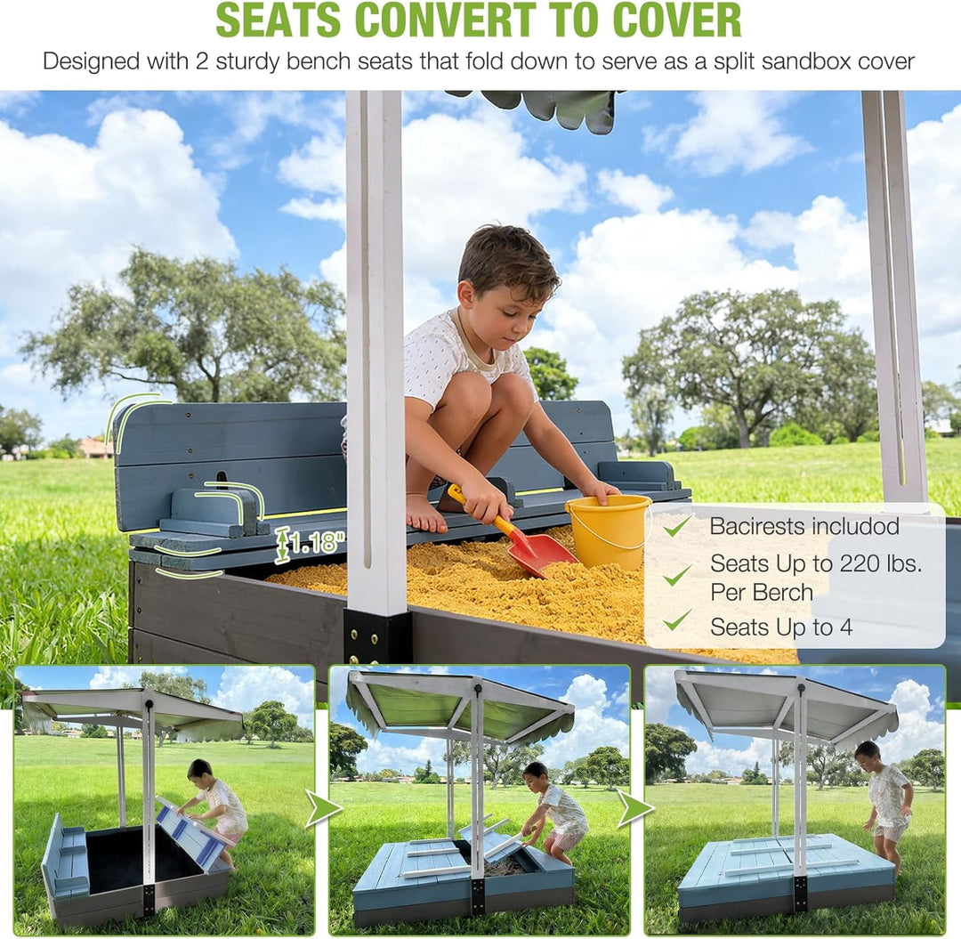 MEDEHOO Sandbox with Lid and Cover for Kids Outdoor with 2 Foldable Bench Seats, Adjustable Canopy and Sand Protection Liner, 47.2" L x 47.2" W x 51.9" H, (Blue) GUT05-B-MA-WM