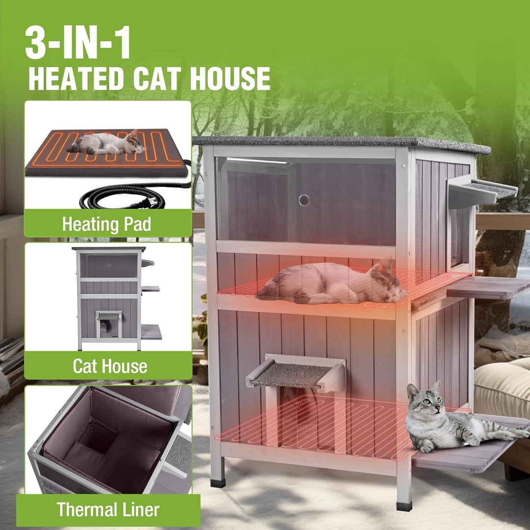 MEDEHOO 2-Story Heated Cat House Large Outdoor Insulated Cat House Weatherproof Feral Cat Shelter with Heated Pad Insulated Thermal Liner for 1-4 Cats