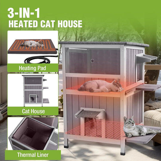 MEDEHOO 2-Story Heated Cat House Large Outdoor Insulated Cat House Weatherproof Feral Cat Shelter with Heated Pad Insulated Thermal Liner for 1-4 Cats