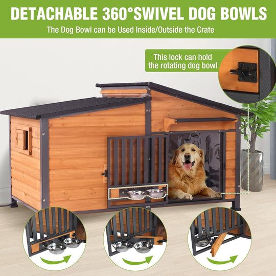 MEDEHOO Extra Large Heated Dog House Insulated Dog Kennel Weatherproof Dog Shelter with Safe Heating Pad, Chew-Proof Metal Frame, Rotatable Spill-Proof Bowl for Large Dog Breeds, 60"L x 36"W x35.4"