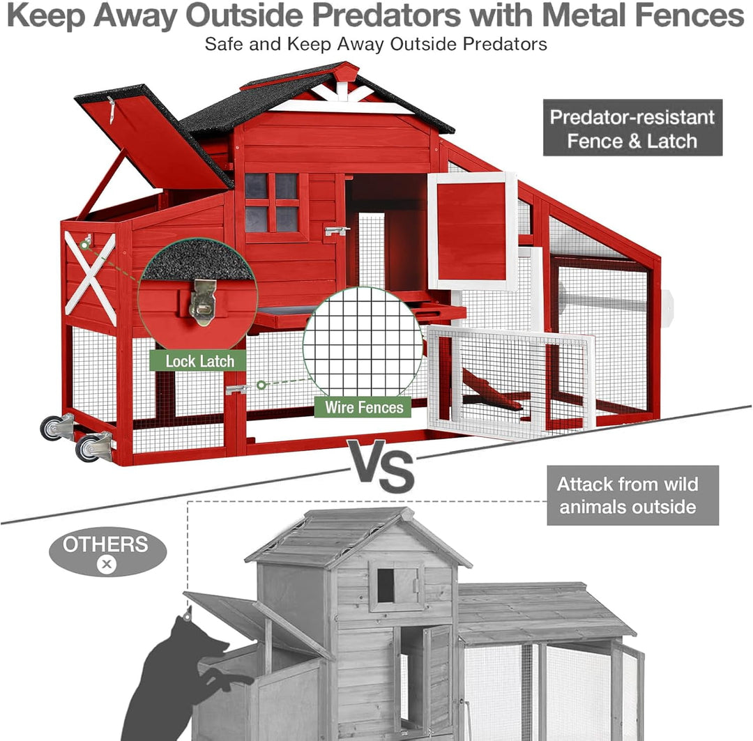 MEDEHOO Outdoor Chicken Coop with Run, 2-Story Wooden Hen House with Wheels, Waterproof Roof &amp; Pull-Out Tray for 2-4 Chickens (Red) AIR32-R-D11-WM