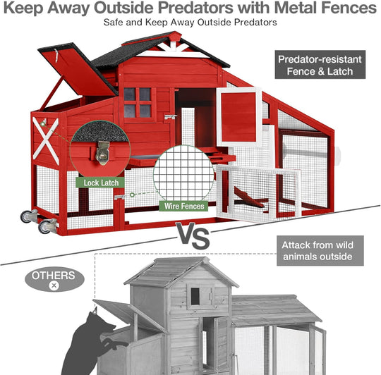 MEDEHOO Outdoor Chicken Coop with Run, 2-Story Wooden Hen House with Wheels, Waterproof Roof &amp; Pull-Out Tray for 2-4 Chickens (Red) AIR32-R-D11-WM