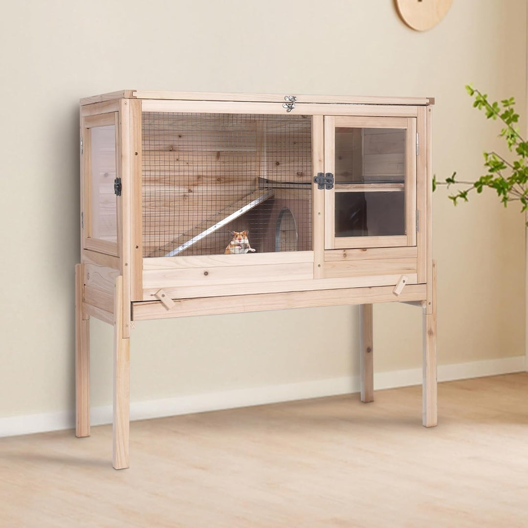 MEDEHOO Guinea Pig Cage Indoor Rabbit Hutch with Chew-Proof Edges - Natural Wood