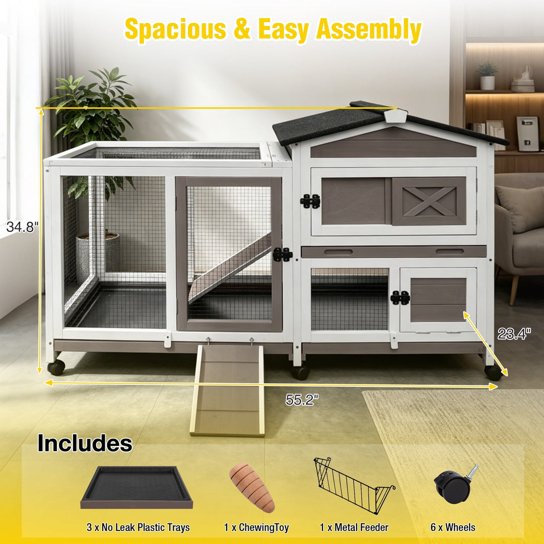 MEDEHOO Rabbit Hutch Bunny Cage Outdoor &amp; Indoor with Wheels, Two Layer Guinea Pig House with Pull Out Tray, Chew-Proof Ramp, Waterproof Roof