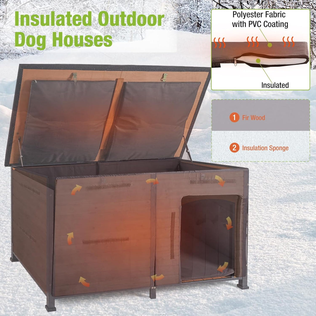 MEDEHOO Extra Large Insulated Outdoor Dog House with Insulated Liner for Winter, Weatherproof Dog Kennel with All-Around Iron Frame for Small, Medium, and Large Dog (Brown) AIR063-IN-WM