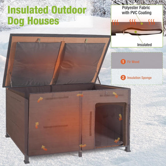 MEDEHOO Extra Large Insulated Outdoor Dog House with Insulated Liner for Winter, Weatherproof Dog Kennel with All-Around Iron Frame for Small, Medium, and Large Dog (Brown) AIR063-IN-WM