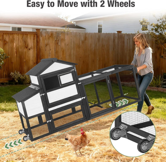 MEDEHOO Chicken Coop Expandable Mobile Chicken House for Outdoor with Wheels, Nesting Box, Leakproof Pull-on Tray and UV-Resistant Roof Panel (Black) AIR72-BW-WM