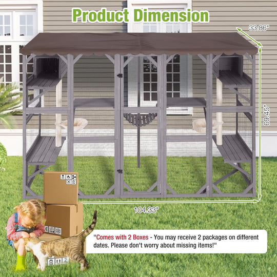 MEDEHOO Extra-Large Catio, 104" Wall-Mounted Outdoor Cat Enclosure - Cat Cage Window Box Walk-in Cat Kennel Shelter with Weatherproof Roof, 2 Scratching Posts, 2 Hammocks &amp; Bridge for 6-8 Cats