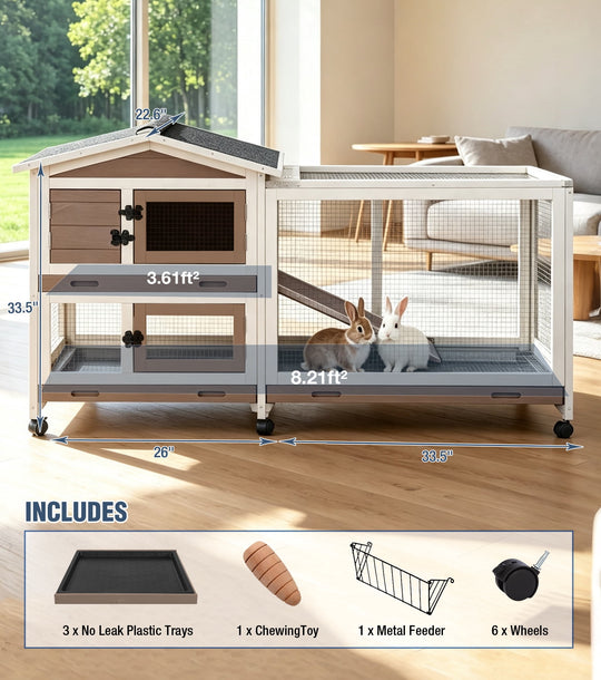 MEDEHOO 62"L Rabbit Cage Indoor Rabbit Hutch on Wheels with Chew-Proof Ramp and Pull Out Tray Bunny Hutch Guinea Pig Cage with Run Brown