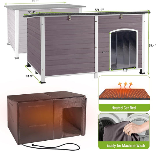MEDEHOO 59" Extra Large Heated Dog House with Heater &amp; Insulated Liner for Winter, Wooden Insulated Outdoor Dog House for Large Dogs, All-Around Iron Frame Weatherproof (Gray) AIR64-HP-N-WM