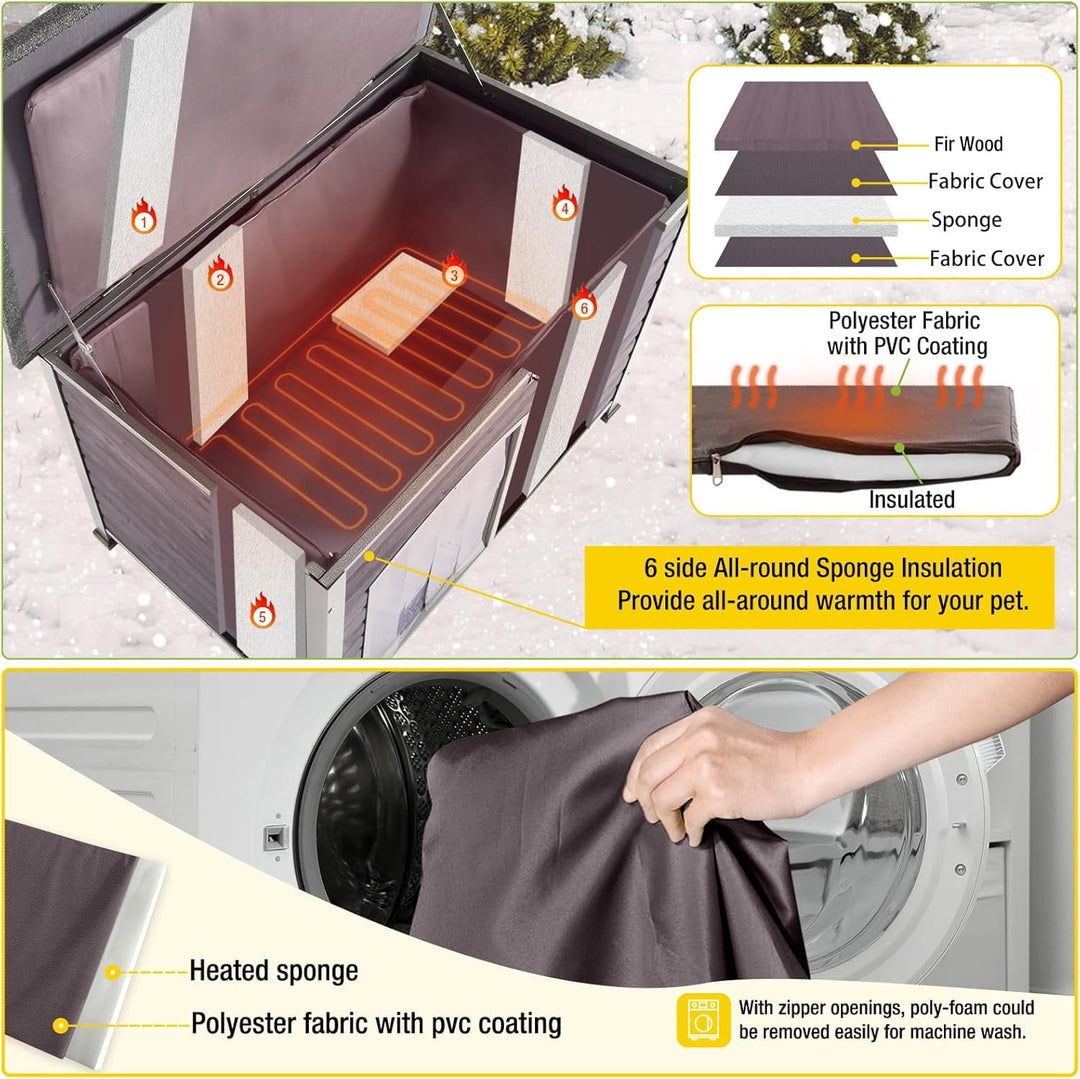 MEDEHOO Heated Outdoor Dog House with Heating Pad &amp; Insulated Liner, Winter Weatherproof Anti-Chewing Dog Kennel, Iron