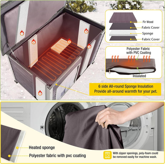 MEDEHOO Heated Outdoor Dog House with Heating Pad &amp; Insulated Liner, Winter Weatherproof Anti-Chewing Dog Kennel, Iron
